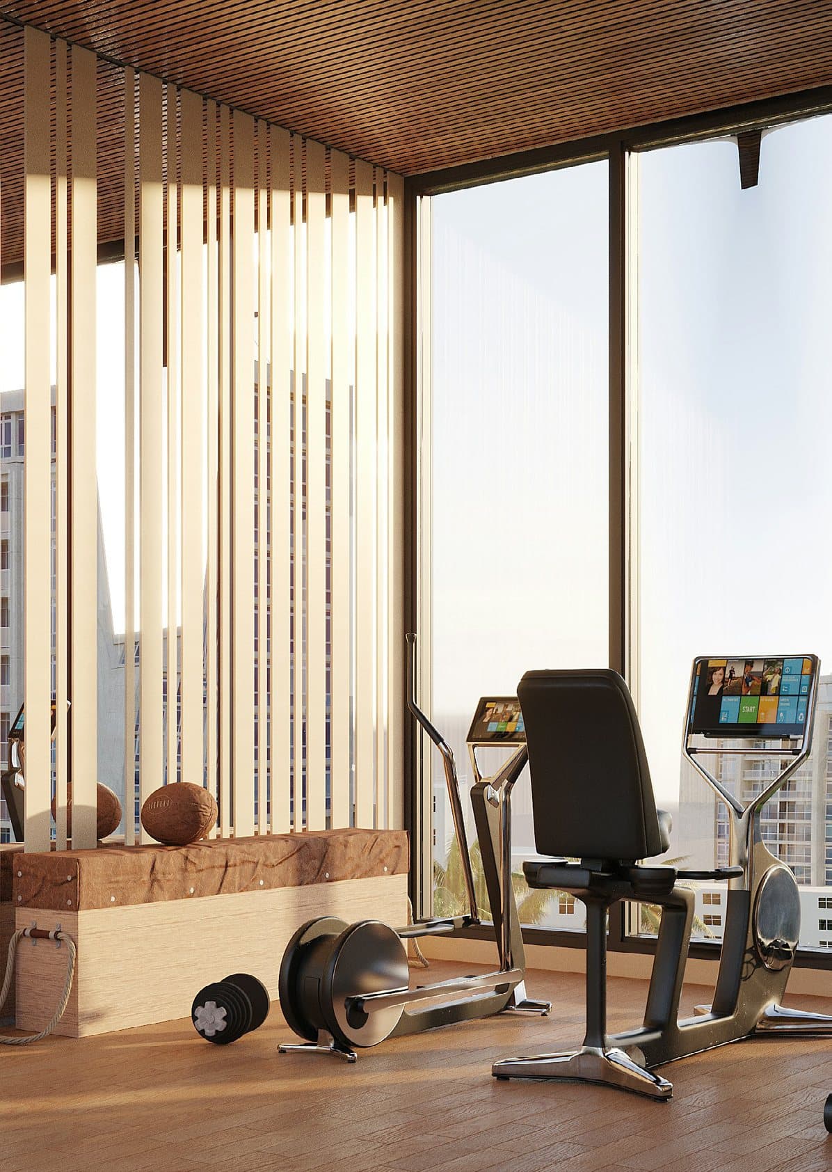 Fitness studio with floor-to-ceiling glazing and a timber-battened ceiling