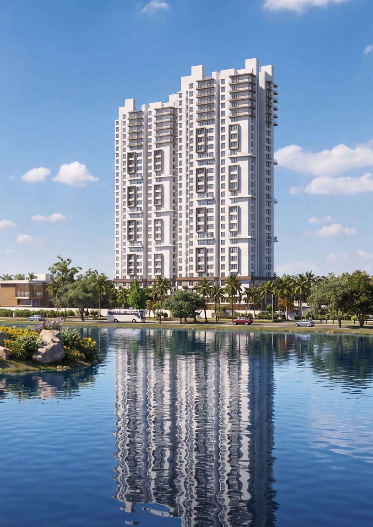 Sridira Lake Creek towers at dusk overlooking Horamavu Lake