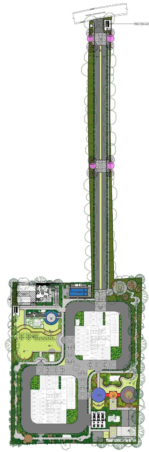 Master plan of Sridira Lake Creek showing towers, clubhouse, pool deck, jogging track and forest trail